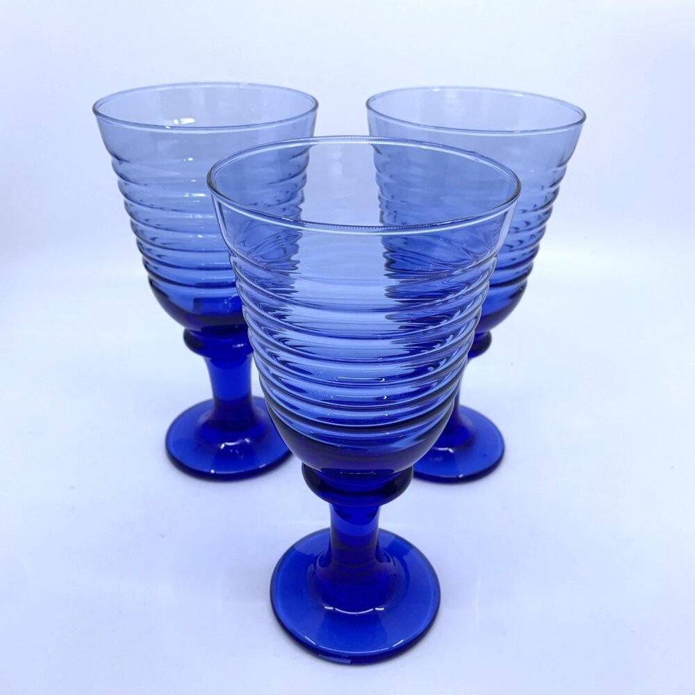 3 Vintage Libbey Ribbed Water Glasses Sirrus Cobalt Blue 7 3/8" Tall Goblet Wine